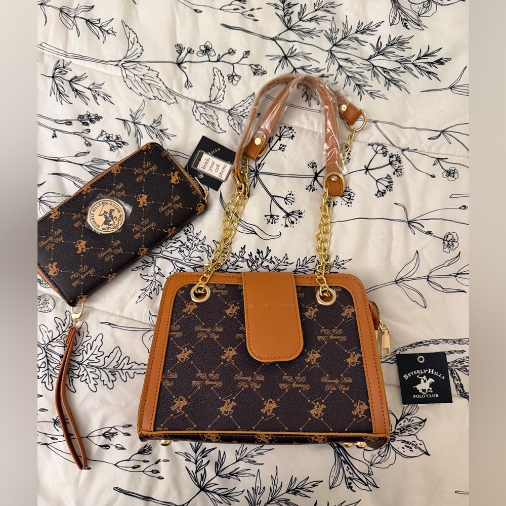NWT Beverly Hills Polo Club Black and Tan Shoulder Bag and Wristlet